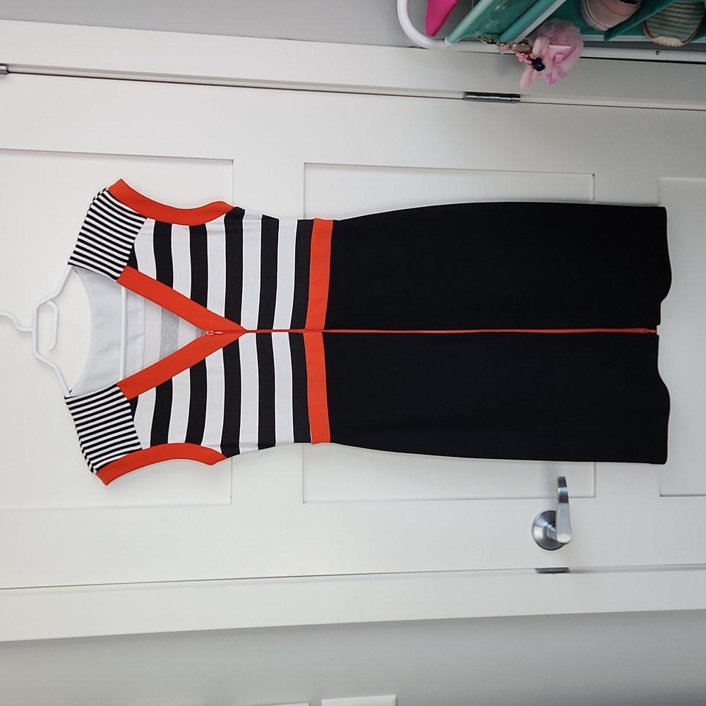 Joseph ribkoff black,orange,white stripe dress